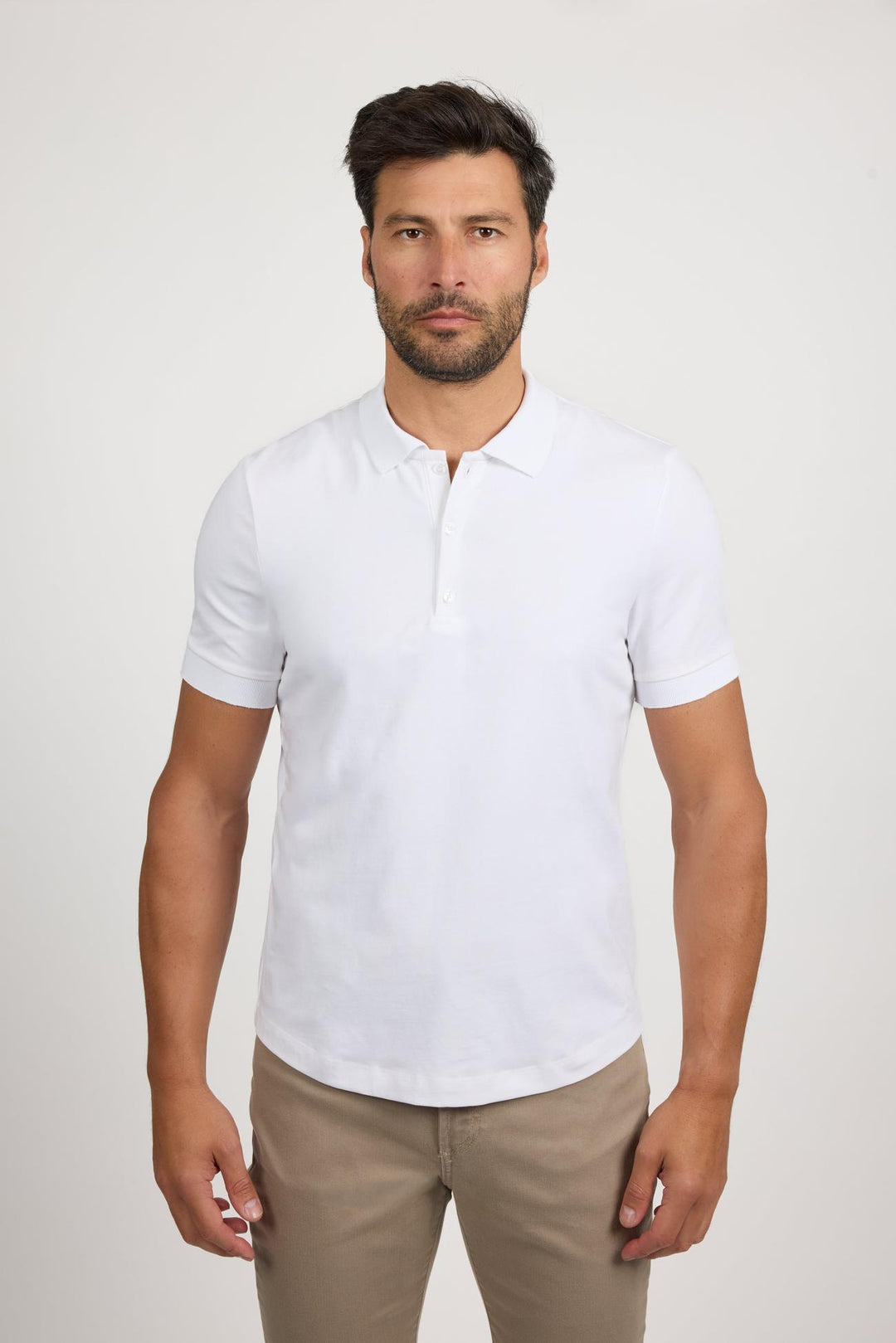 Front profile of MONFRÈRE Pierce Blanc men's white stretch jersey knit polo shirt.