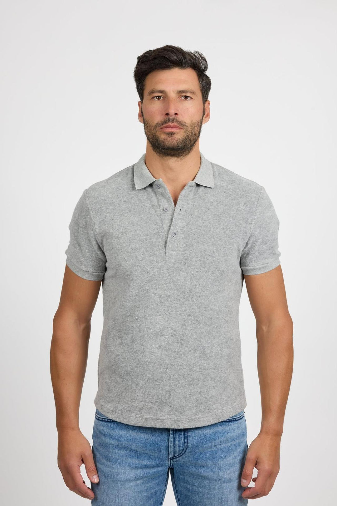 Front profile of MONFRÈRE Pierce Towel Terry Light Grey men's light grey stretch towel terry polo shirt.