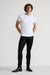 Model wearing MONFRÈRE Preston Coated Noir men's black coated stretch sateen tencel twill skinny cargo pants.