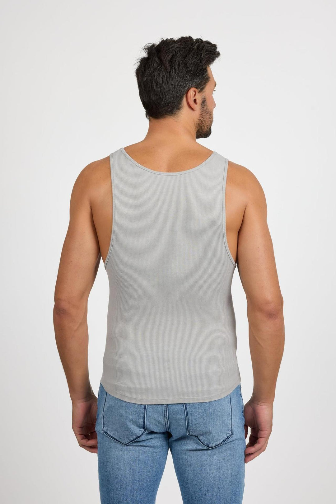 Back profile of MONFRÈRE Travis Light Grey men's grey ribbed stretch knit tank top.