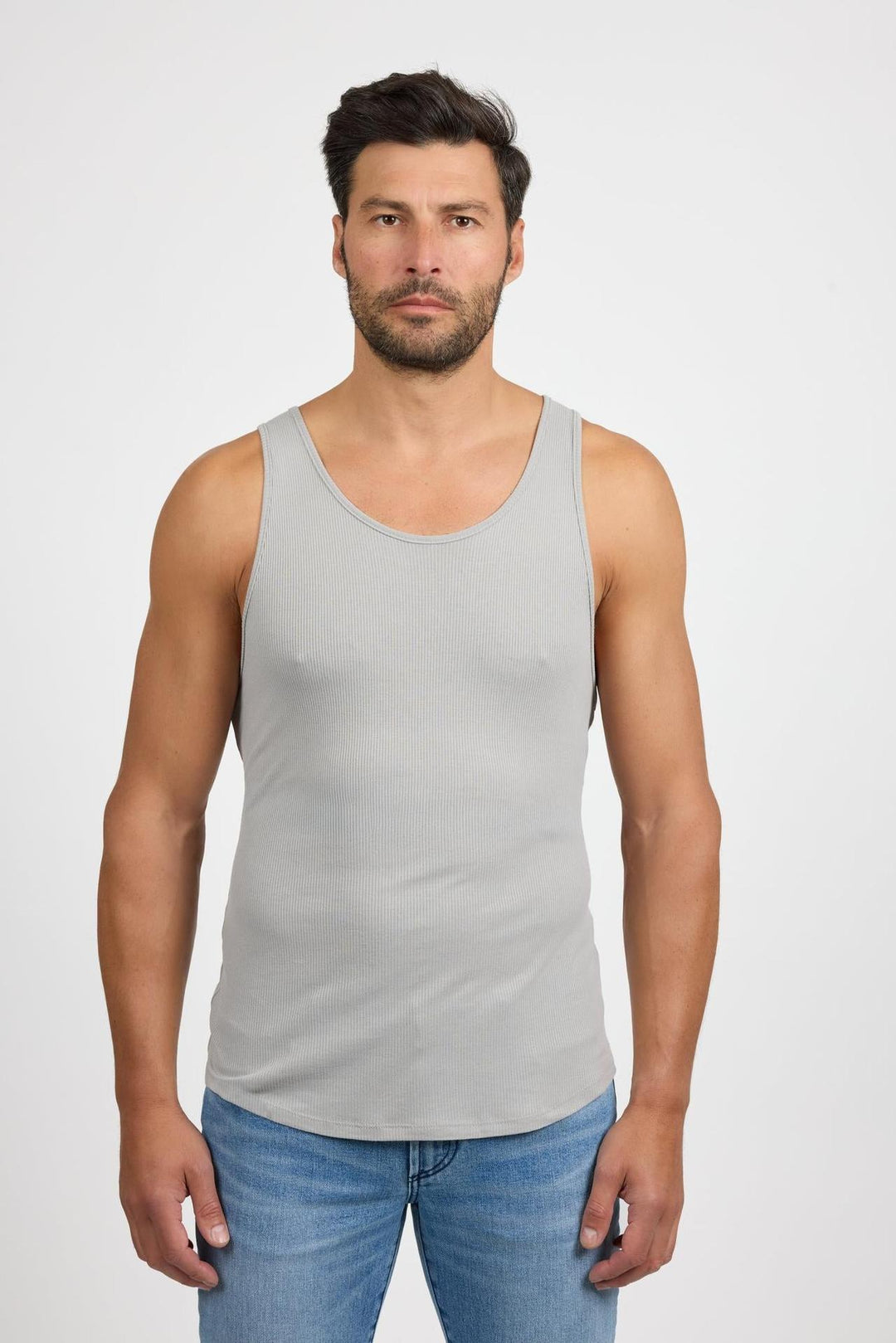 Front profile of MONFRÈRE Travis Light Grey men's grey ribbed stretch knit tank top.